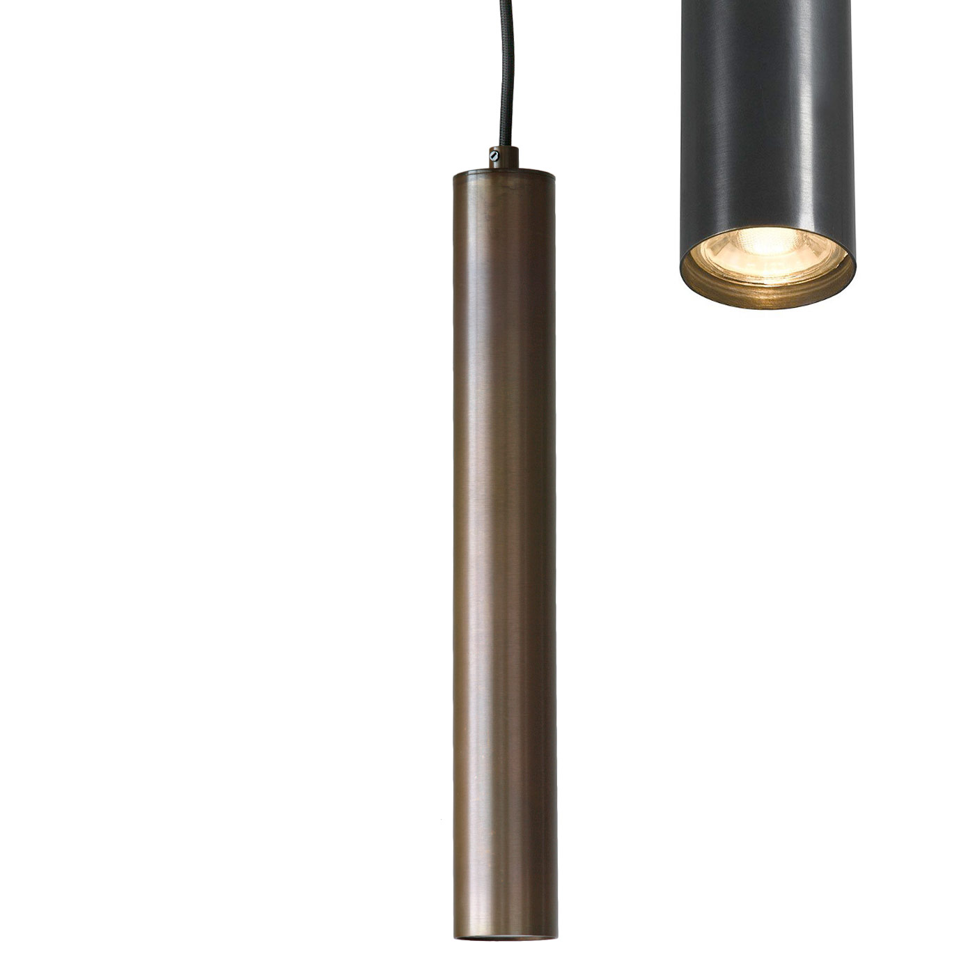 Lange Röhren-Pendelleuchte TOBINO mit Strahler, Kupfer oder Messing Lange Röhren-Pendelleuchte TOBINO mit Strahler, Kupfer oder Messing