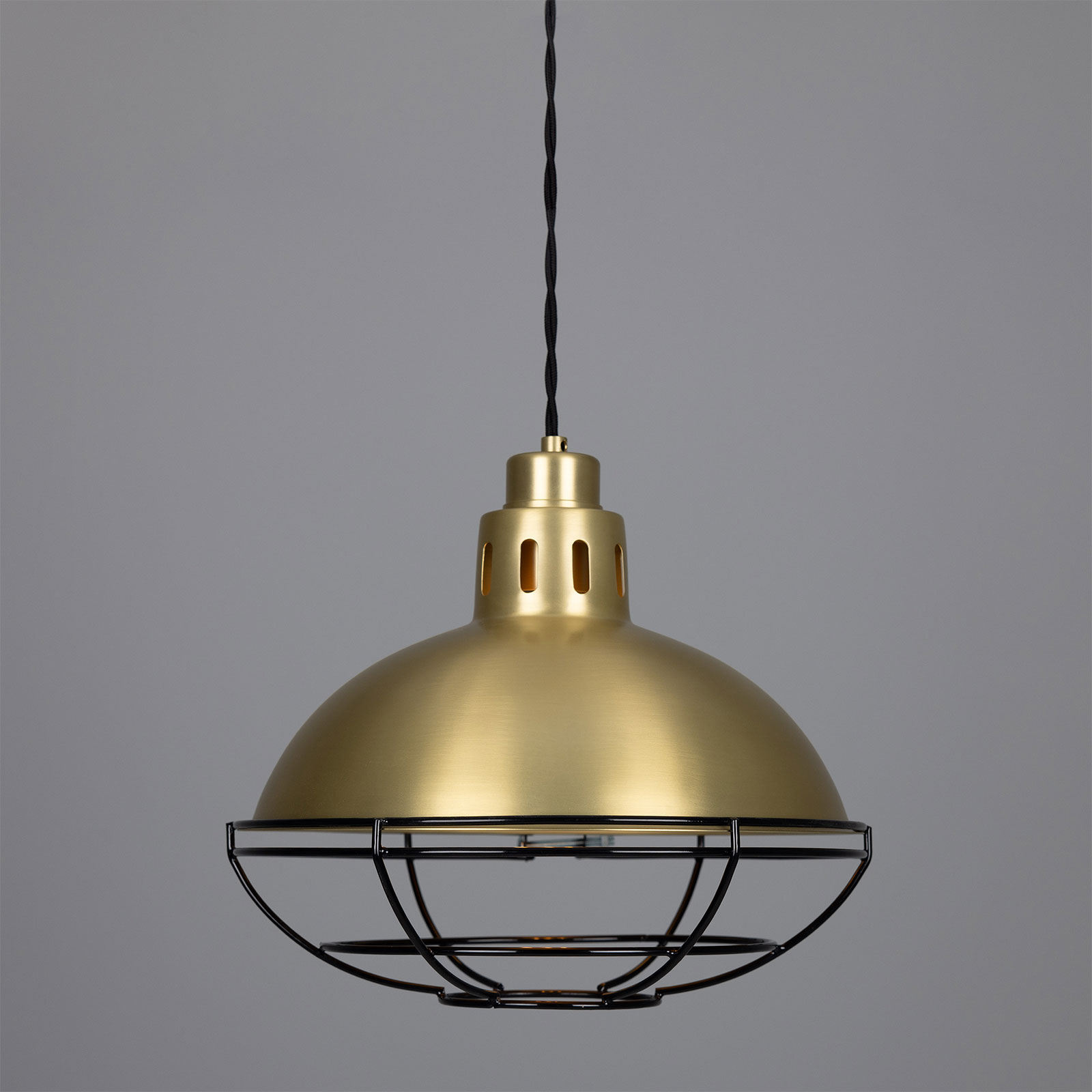 Klassische Fabriklampe aus Messing mit Schutzgitter-Käfig, 32 cm: Messing matt satiniert