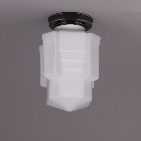 Kleine Deckenlampe mit matt-opalem Art Déco-Glas Ø 16 cm: Deckenteil getreppt, dunkel patiniert