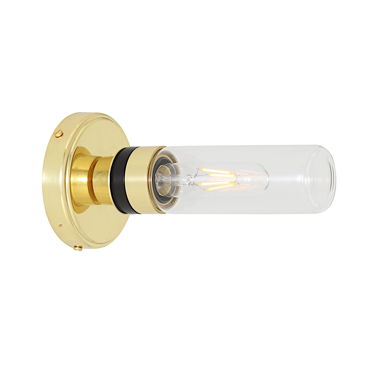 Badezimmer-Wandlampe mit kleinem Glaszylinder (klar oder prismatisch), IP65: Messing poliert, klares Glas