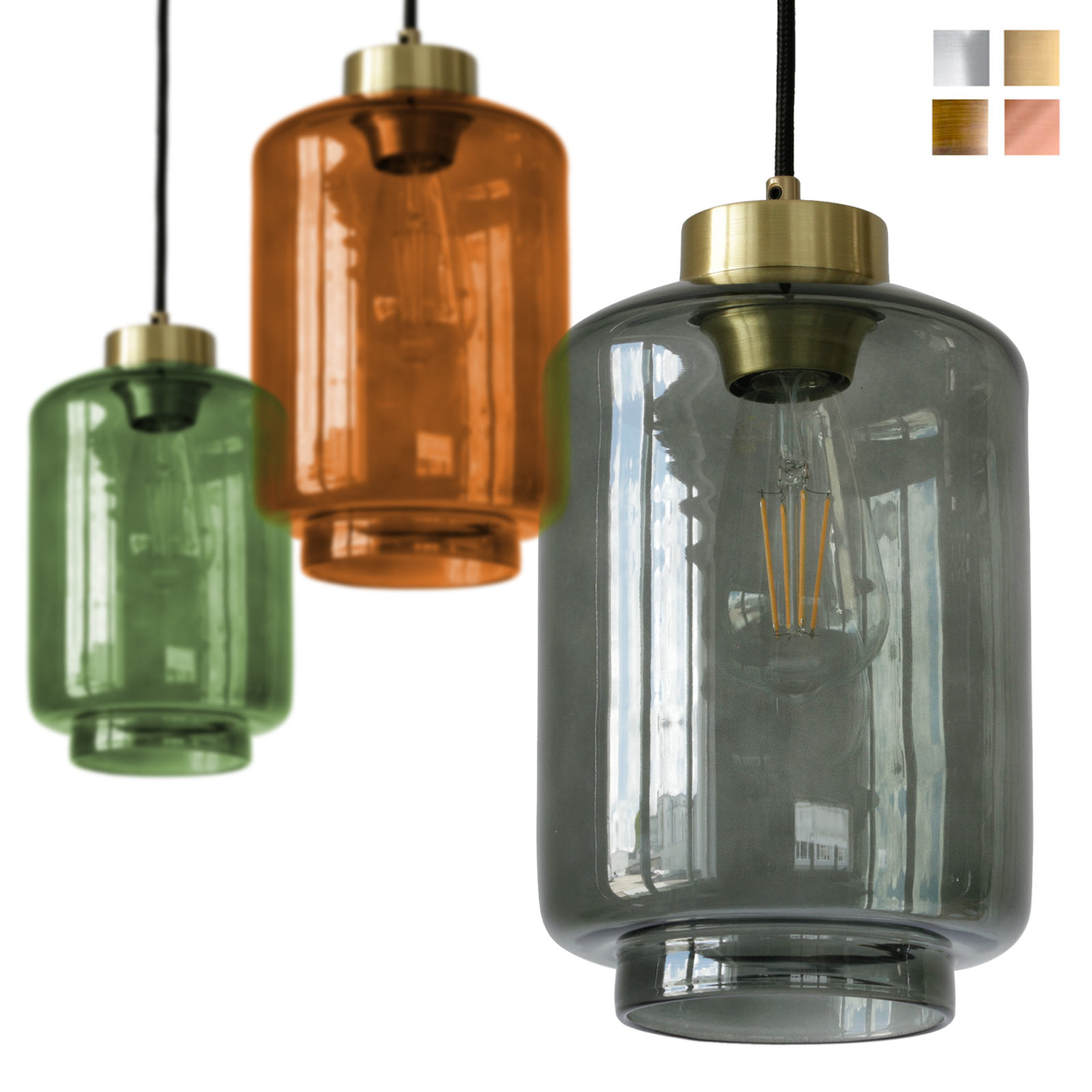 Schlanke Glas-Pendelleuchte in verschiedenen Glasfarben VISAY: Eine schöne, schlanke Glas-Hängeleuchte, in diversen Glas-Farben und Metallen erhältlich