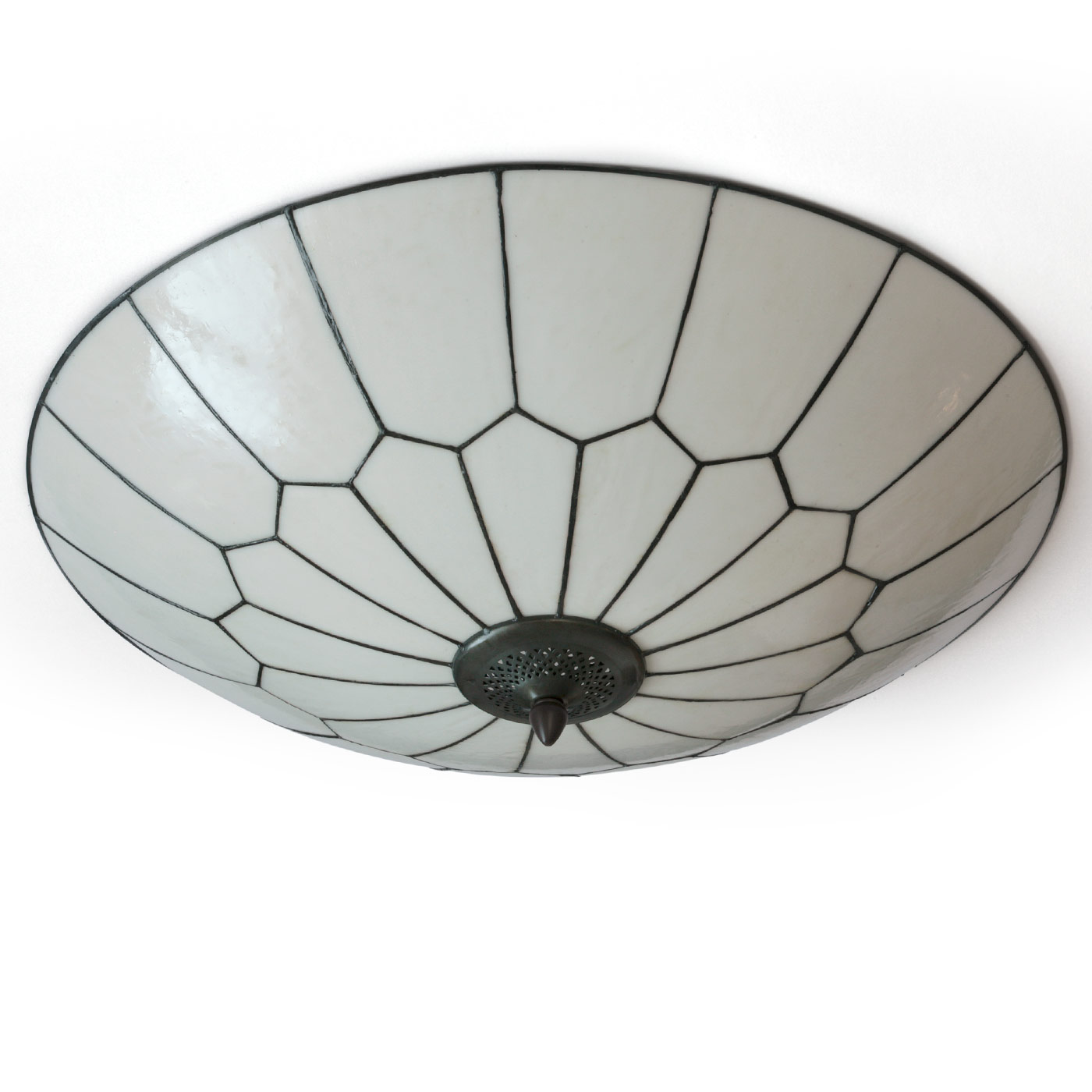 Flache runde Art Déco-Deckenleuchte aus Tiffanyglas Ø 60 cm: Flache, runde Art Déco-Deckenleuchte aus Tiffanyglas, Durchmesser 60 cm (ausgeschaltet)
