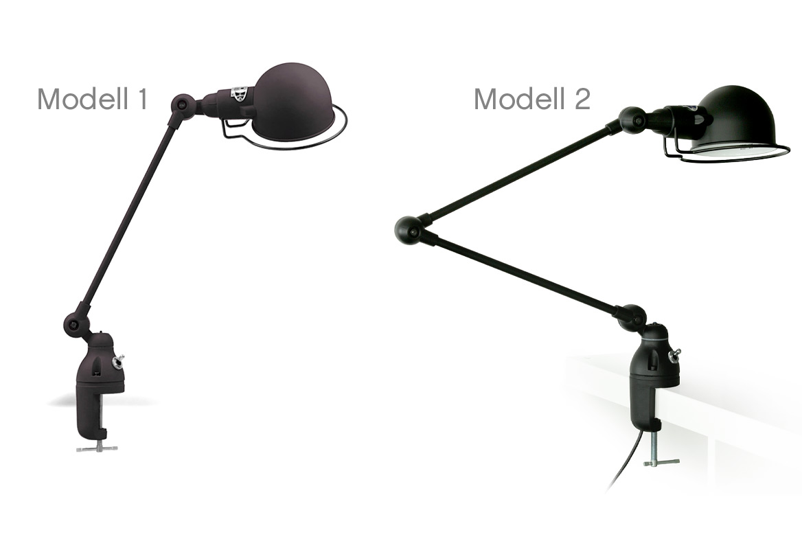 Klemm-Lampe SIGNAL für Tischplatten und Regale: Modell 1 und 2 im Vergleich