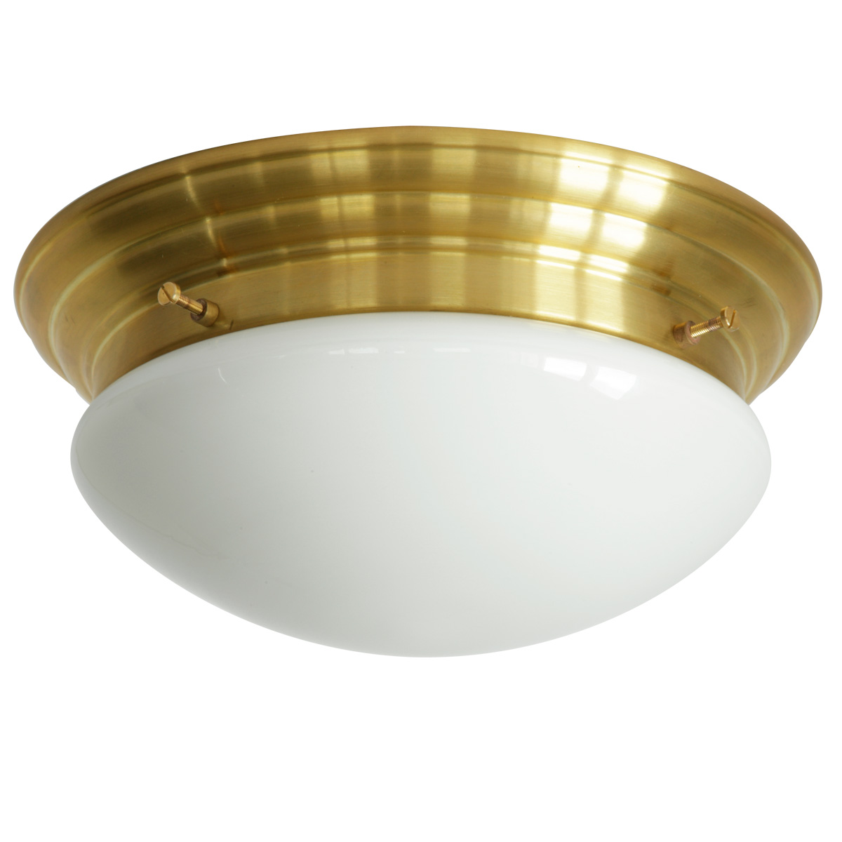 Brass ceiling light with flat circular opal glass Ø 26/37 cm