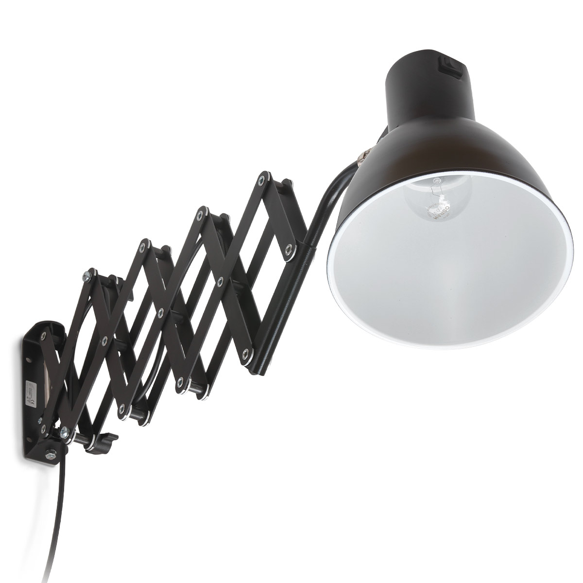 Scissor lamp for wall mounting in black and silver