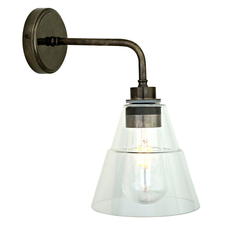 Bild 4: Wandlampe IP65, hier Messing alt-silbern patiniert Wasserdichte Wandlampe mit Kegel-Glasschirm, IP65: Wandlampe IP65, hier Messing alt-silbern patiniert