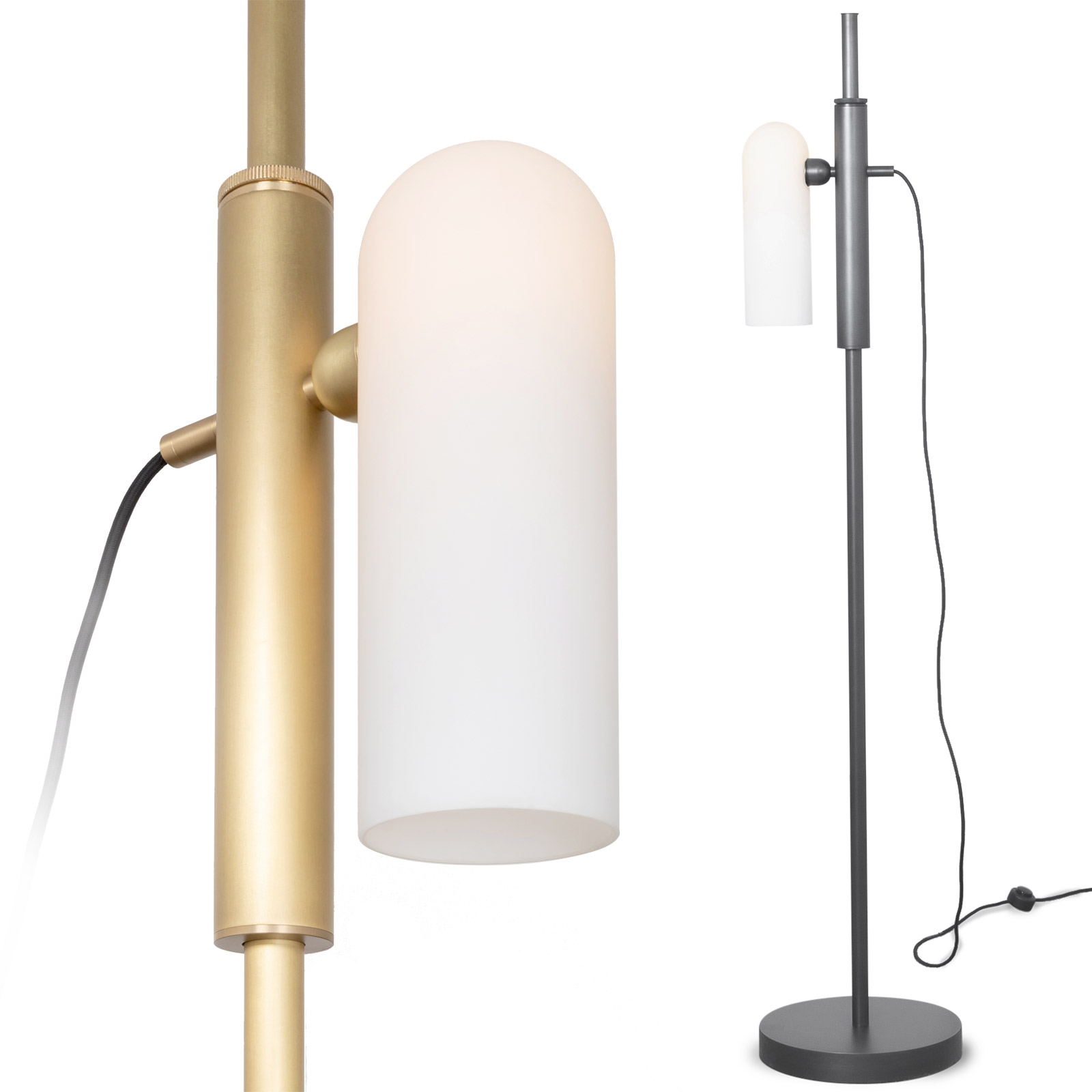 Design-Stehleuchte ODYSSEY 1 aus Messing mit mattem Glasschirm Design-Stehleuchte ODYSSEY 1 aus Messing mit mattem Glasschirm