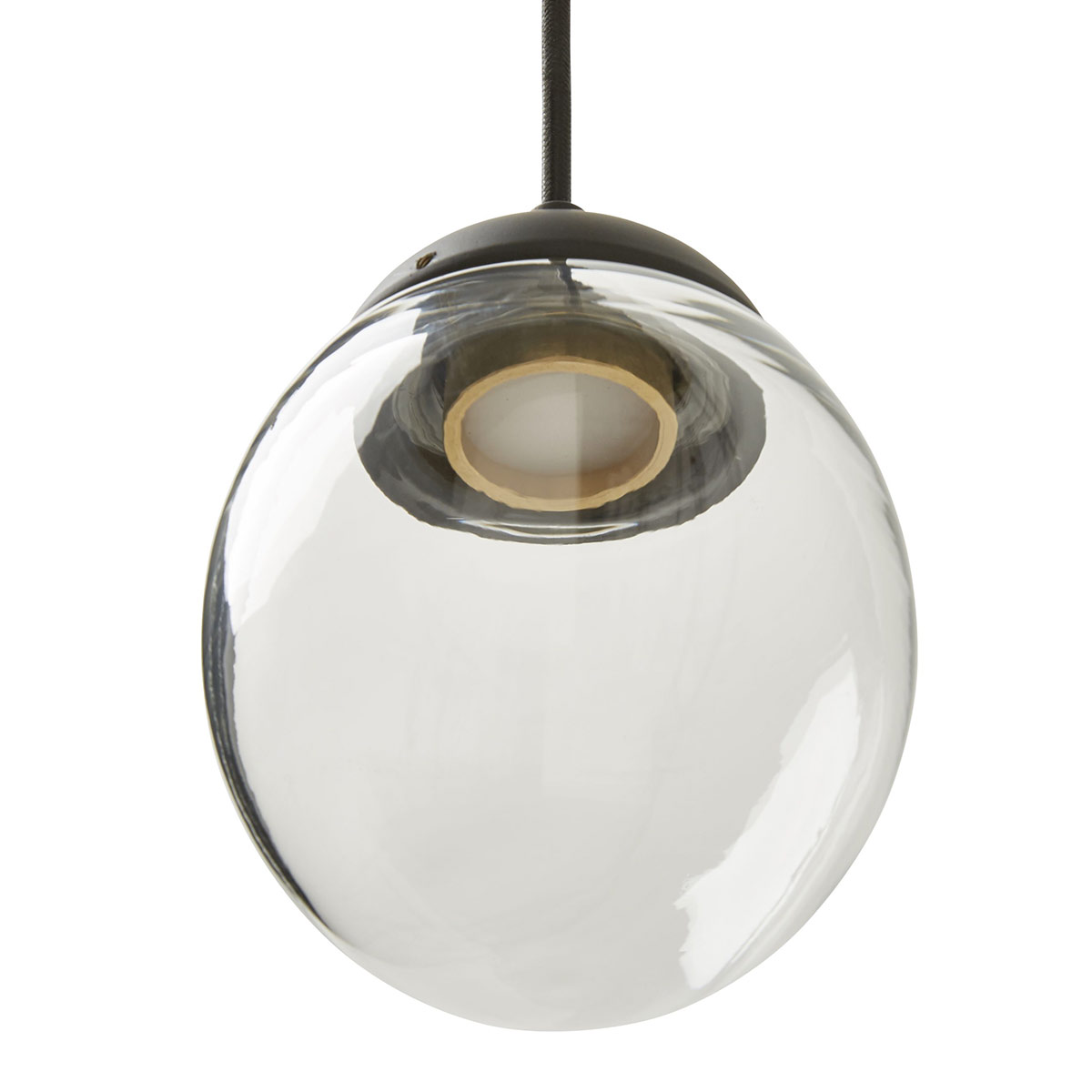 Reihe aus fünf Glasschirm-Hängeleuchten VITROLO (LED) auf Leiste: Glasschirm in rundlicher Tropfen-Form, klares Glas