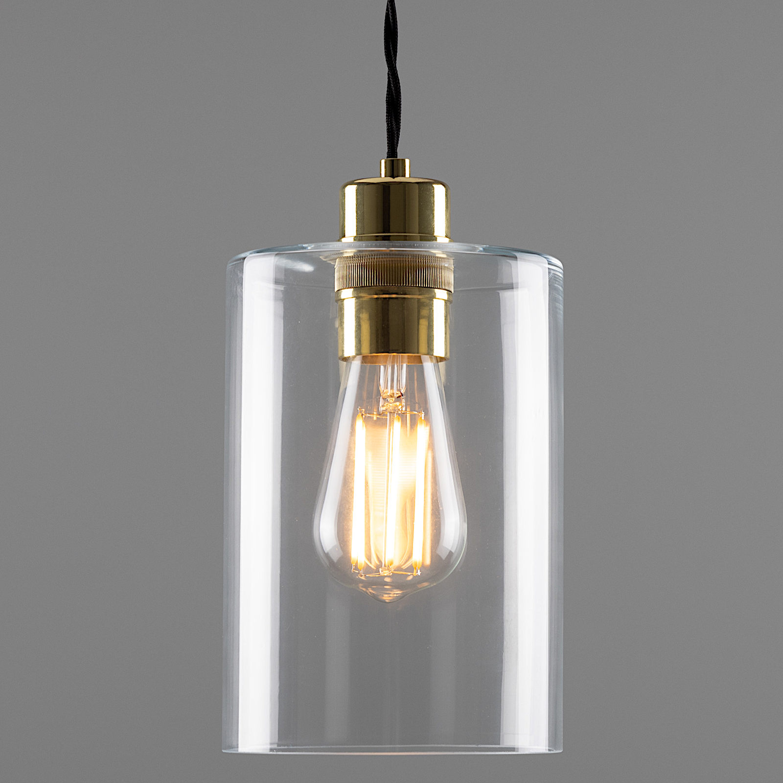 Kleine Glas-Pendelleuchte mit klarem Zylinder-Schirm Kleine Glas-Pendelleuchte mit klarem Zylinder-Schirm