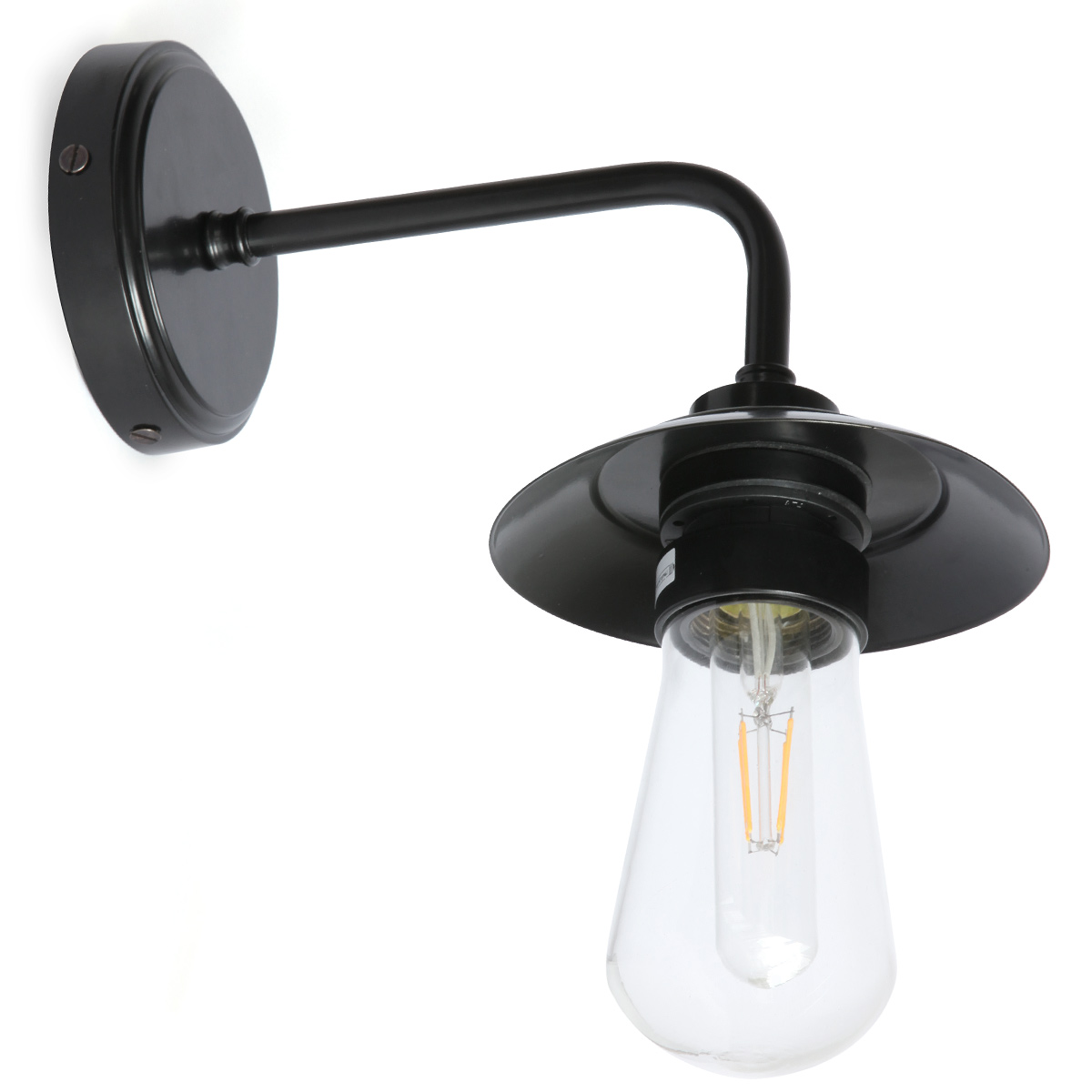 Schlichte Wandlampe mit Schirmchen und Glaskolben, IP65: Wandlampe mit wasserdichtem Glaskolben und kleinem Schirm, hier matt-schwarz pulverbeschichtet