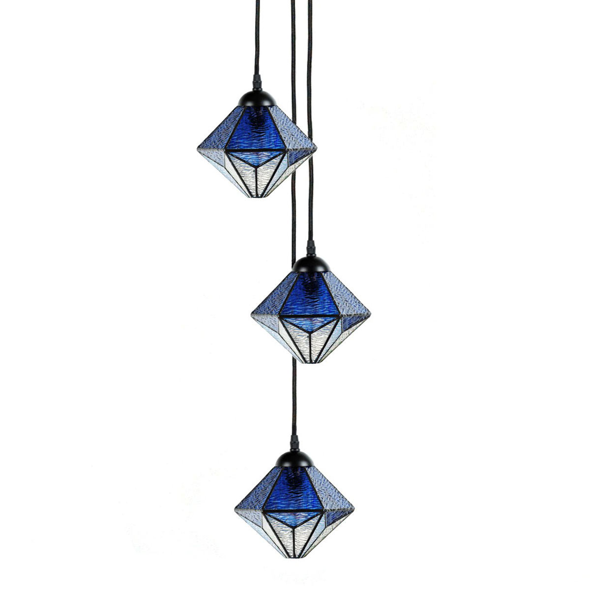 Pendelleuchten-Gruppe mit 2 oder 3 blauen Tiffanyglas-Schirmen: Modell 2: Gruppe aus drei Leuchten