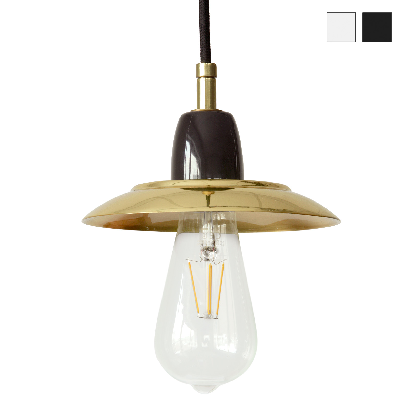 Moderne Fassungs-Hängeleuchte mit kleinem Schirm: Moderne Fassungs-Hängeleuchte mit schwarzer Keramik, bestückt mit einer „Edison“-Glühbirne