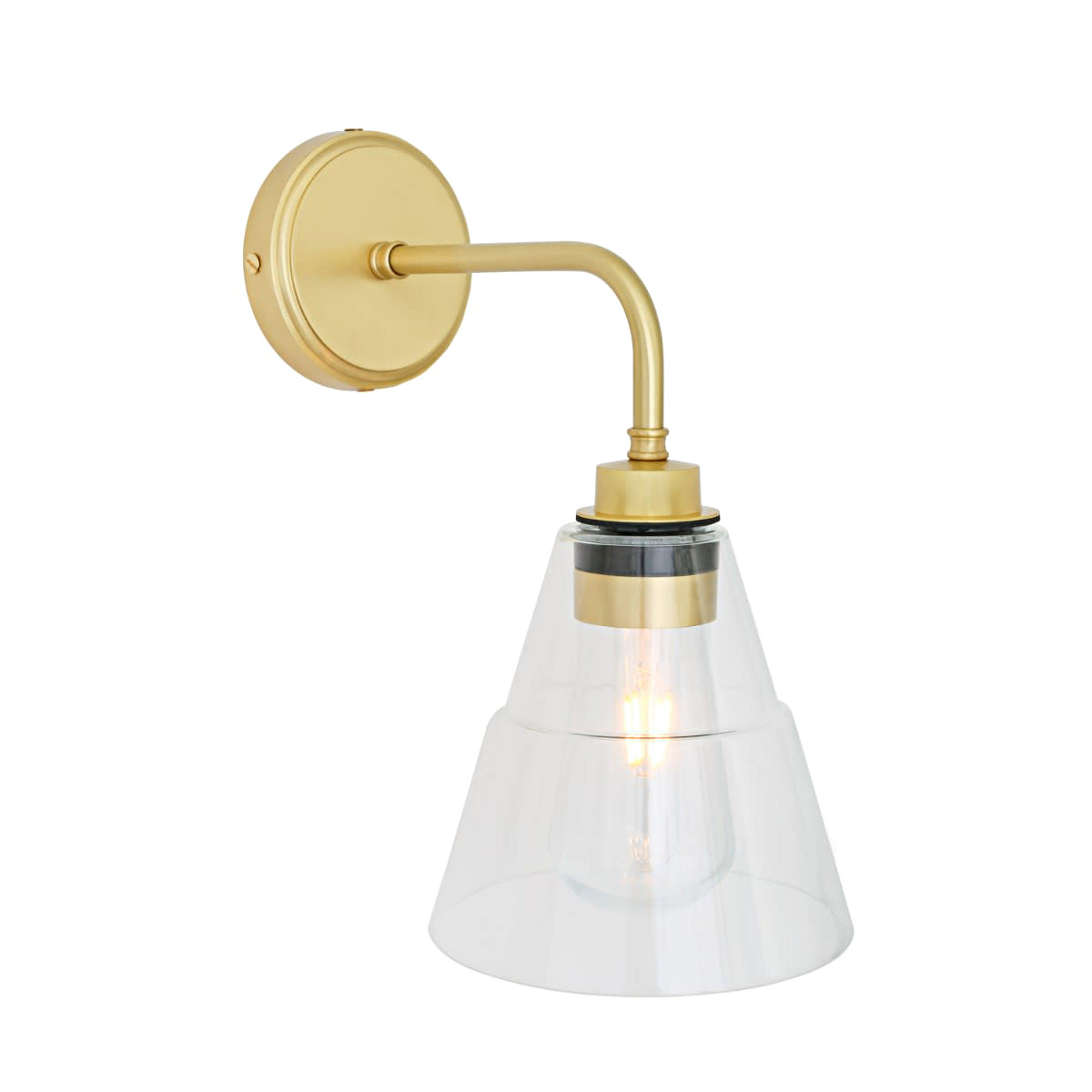 Wasserdichte Wandlampe mit Kegel-Glasschirm, IP65: Wandlampe mit abgestuftem Kegel-Glasschirm, IP65; Messing satiniert