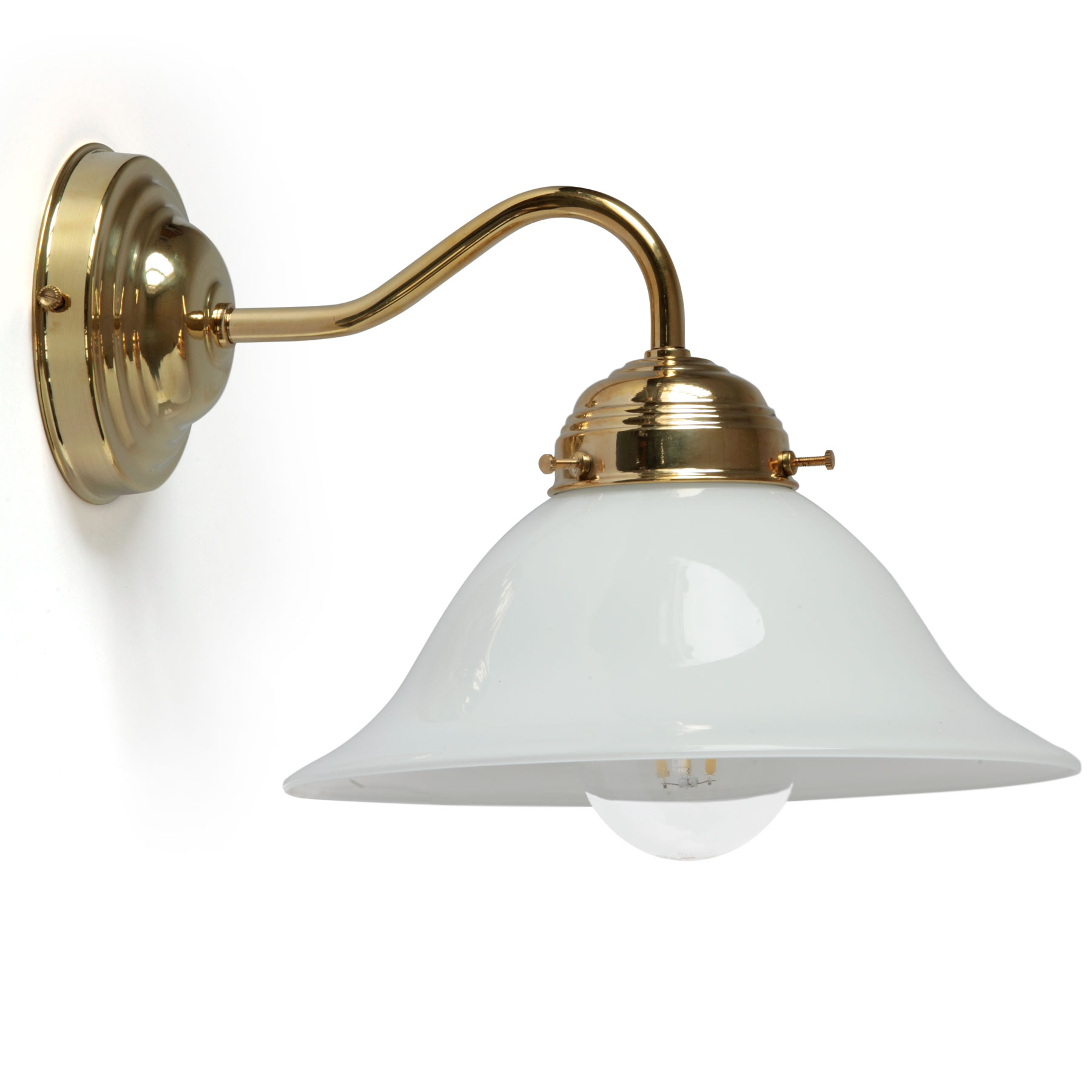 Jugendstil-Wandlampe aus Messing mit Glockenschirm: Eine elegante Wandlampe mit opalem Glasschirm Ø 22 cm, hier in Messing poliert, lackiert (weißes Glas)