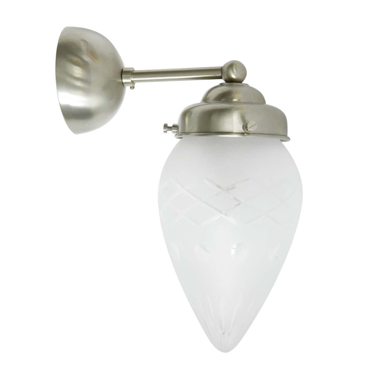 Jugendstil-Wandlampe mit satinierten Schliff-Spitzglas: Wandhalterung aus Messing mattvernickelt (Modell 1)