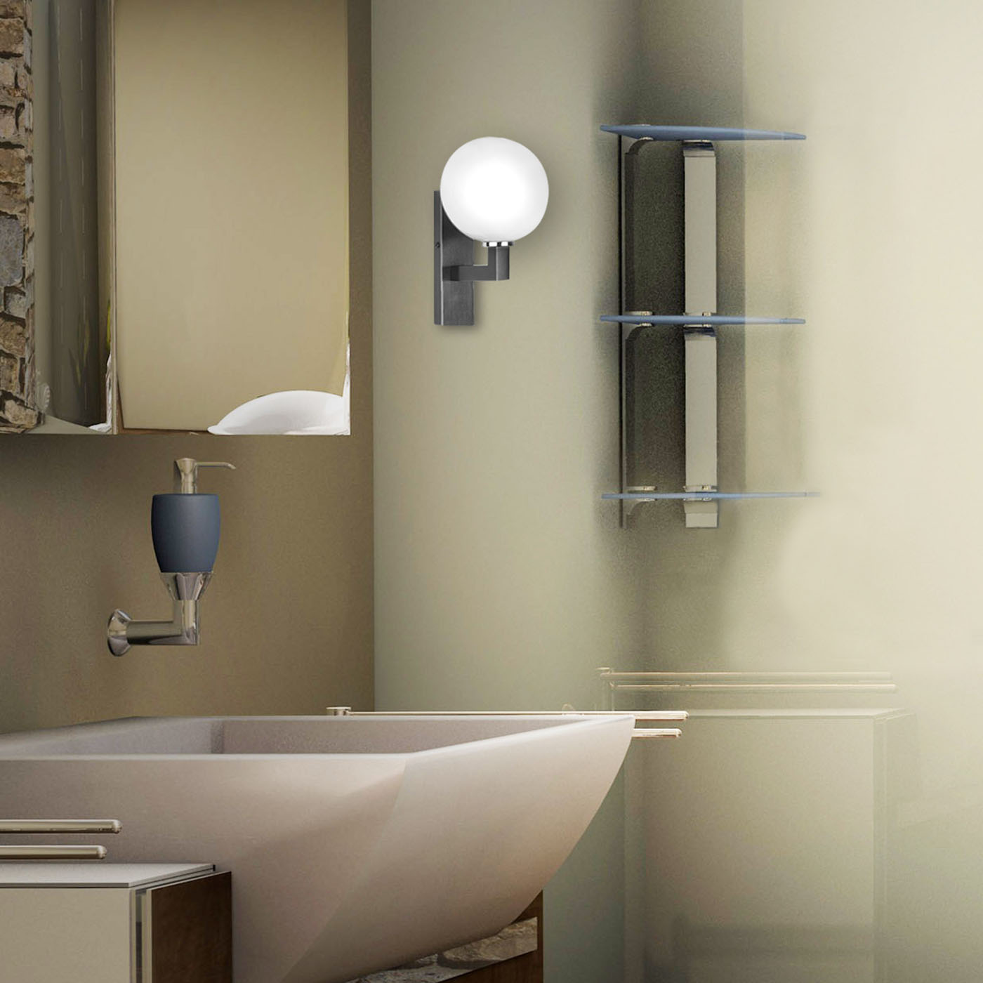 Small IP44 Wall Light with Opal Glass Globe, e.g. for Bathrooms ALV33: Das Modell in schwarz patiniert.