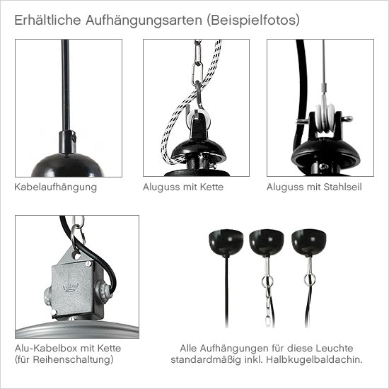BERLIN Industrie-Hängeleuchte mit Kugelglas: Die erhältlichen Aufhängungsarten