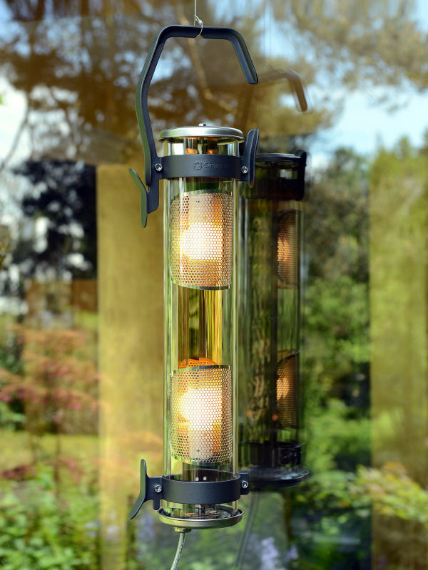 Tragbare Glasröhren-Leuchte BALKE mit IP68: Schwarz mit messingfarbenem Reflektor – alte Version mit Edelstahl-Endkappen