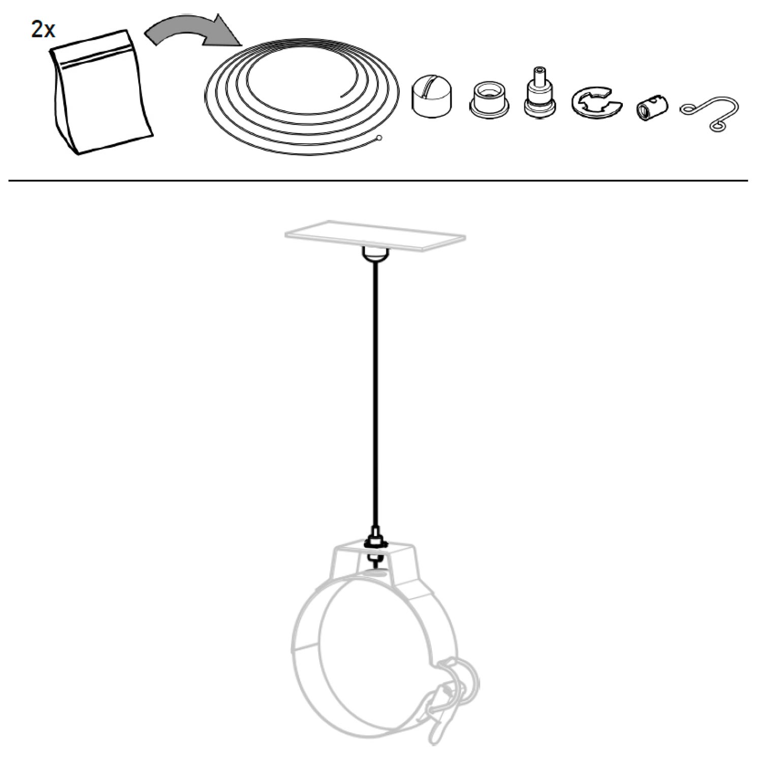 Glasröhren-Leuchte RIMBAUD, Ø 13 cm: Aufhängungs-Kit mit 2 x 300 cm Stahlseil im Lieferumfang