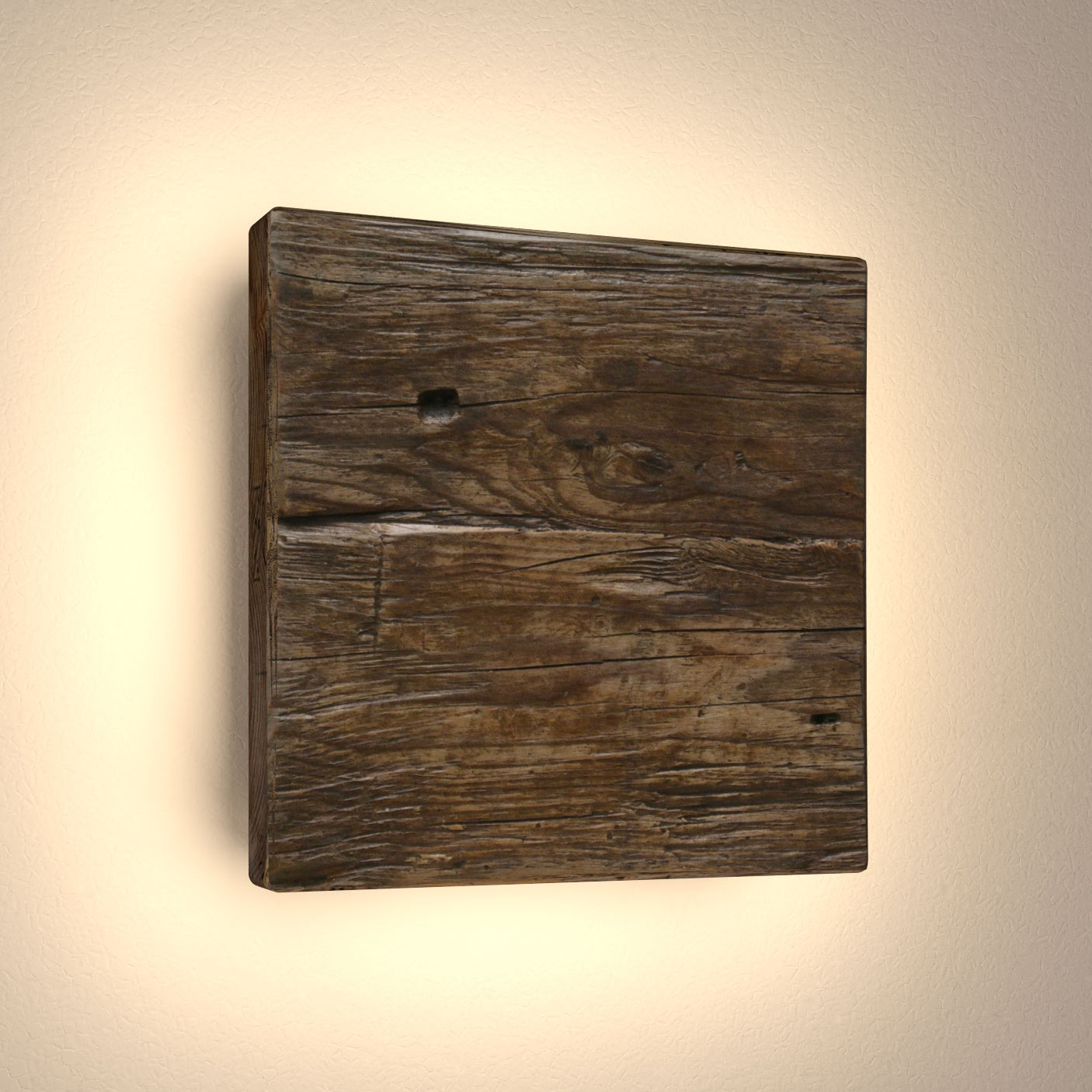 Quadratische Wandleuchte aus antikem Massivholz (20 cm): Quadratische Wandleuchte aus antikem Massivholz (Fichte antik), hier mit 3000° K LED-Spot