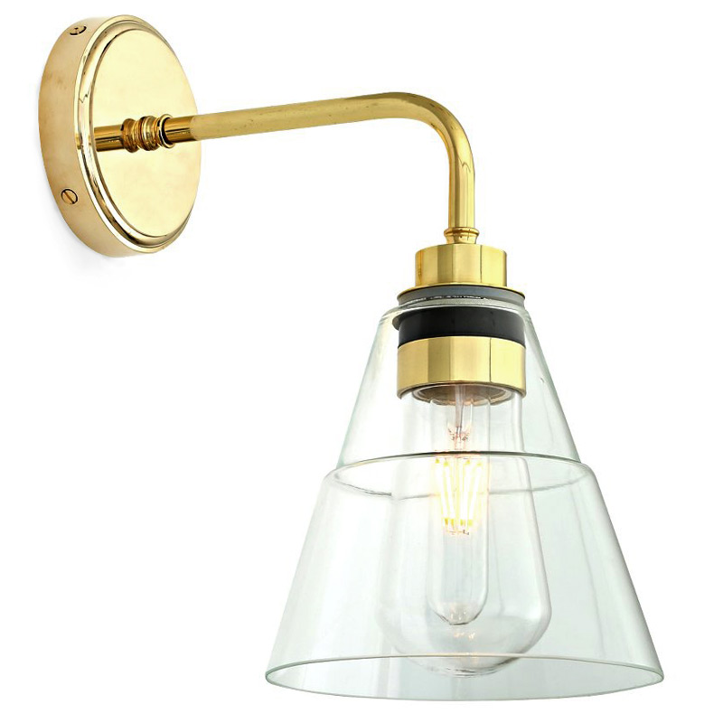 Wasserdichte Wandlampe mit Kegel-Glasschirm, IP65: Wandlampe mit abgestuftem Kegel-Glasschirm, IP65; Messing poliert