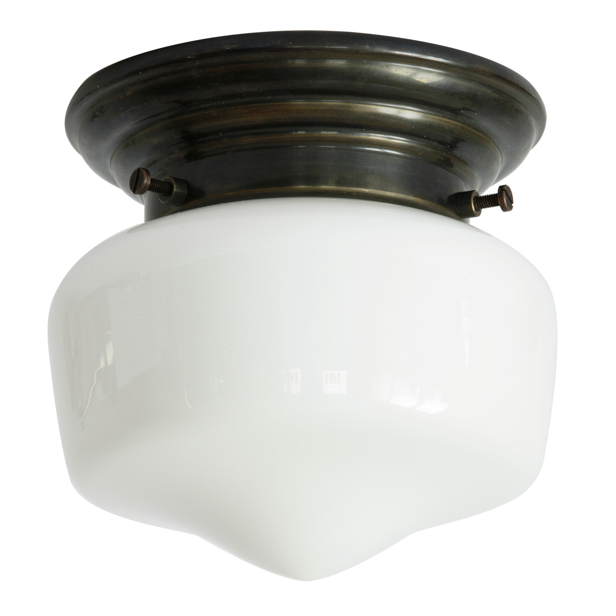 Kleine Messing-Deckenlampe mit Opalglas Ø 15 cm: Abgebildet mit Deckenteil in Messing patiniert