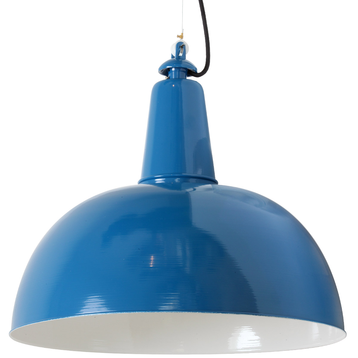 KÖLN Fabrik-Hängeleuchte mit Halbkugel-Blechschirm: Für große Tische: Blaue Pendelleuchte KÖLN mit voluminösem 500-mm-Schirm, Stahlseil-Aufhängung (RAL 5019 Capriblau)