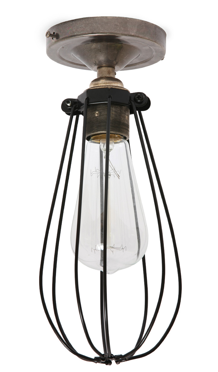 Urige „Edison“-Lampe mit Schutzkäfig, als Deckenleuchte: Deckenleuchte mit Schutzkäfig und Edisonlampe, Ausführung: Alt-silber patiniert