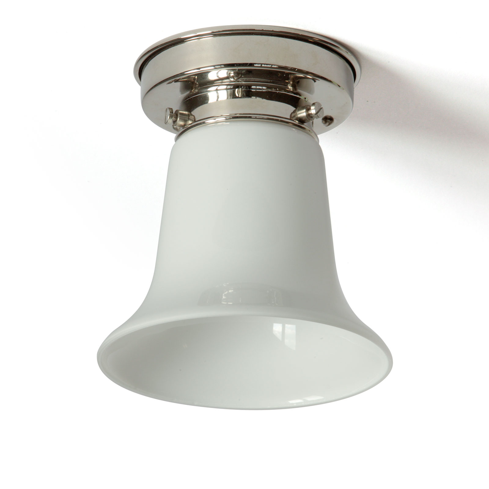 Kleine Deckenlampe mit offenem Opalglas-Kelch Ø 13 cm: Kleine Deckenlampe offenem Opalglas-Kelch, hier Messing glänzend vernickelt