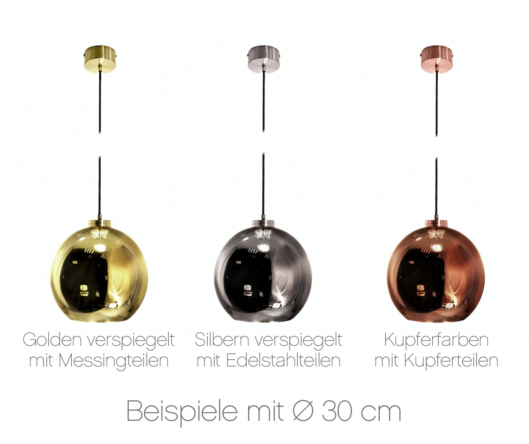 Kugel-Pendelleuchte aus Spiegel-Glas (gold/silbern/kupfern) Ø 15–30 cm: Glänzend verspiegelte Kugel-Hängelampen in verschiedenen Glas-Tönungen, 30 cm Durchmesser