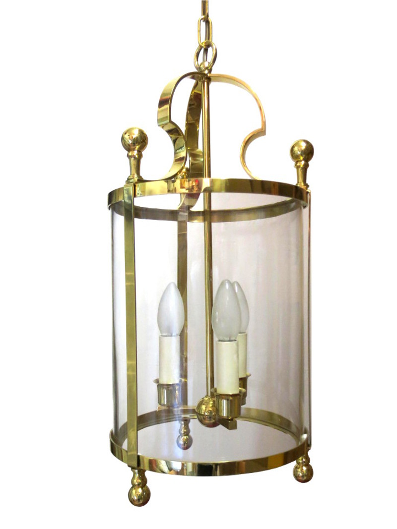 Dreiflammige Hängeleuchte aus Messing mit Zylinderglas Dreiflammige Hängeleuchte aus Messing mit Zylinderglas