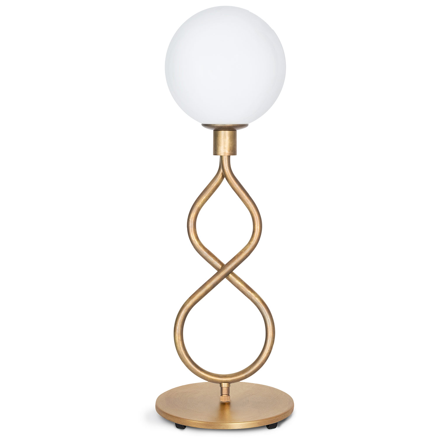 Kugel-Tischleuchte mit Opalglas und gebogenem Messing Kugel-Tischleuchte mit Opalglas und gebogenem Messing