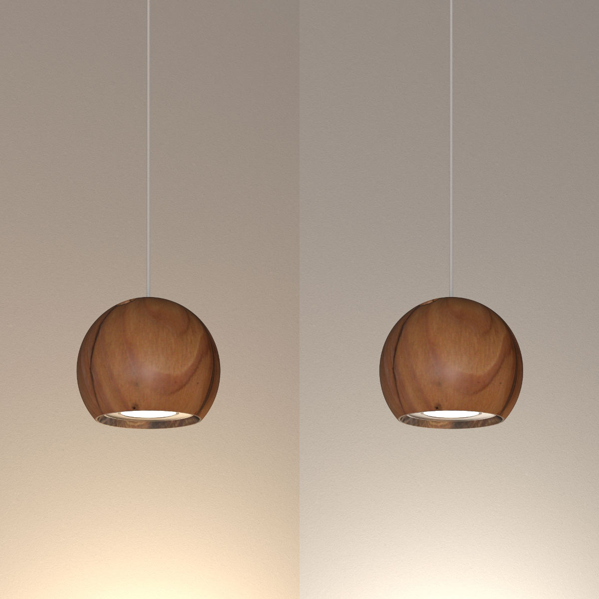 Bild 6: Kugel-Pendelleuchten aus massivem Holz (Lärche antik), links mit 3000 K, rechts mit 4000 K LED-Spot Kugelförmige Hängeleuchte aus massivem Antik-Holz-Balken: Kugel-Pendelleuchten aus massivem Holz (Lärche antik), links mit 3000 K, rechts mit 4000 K LED-Spot
