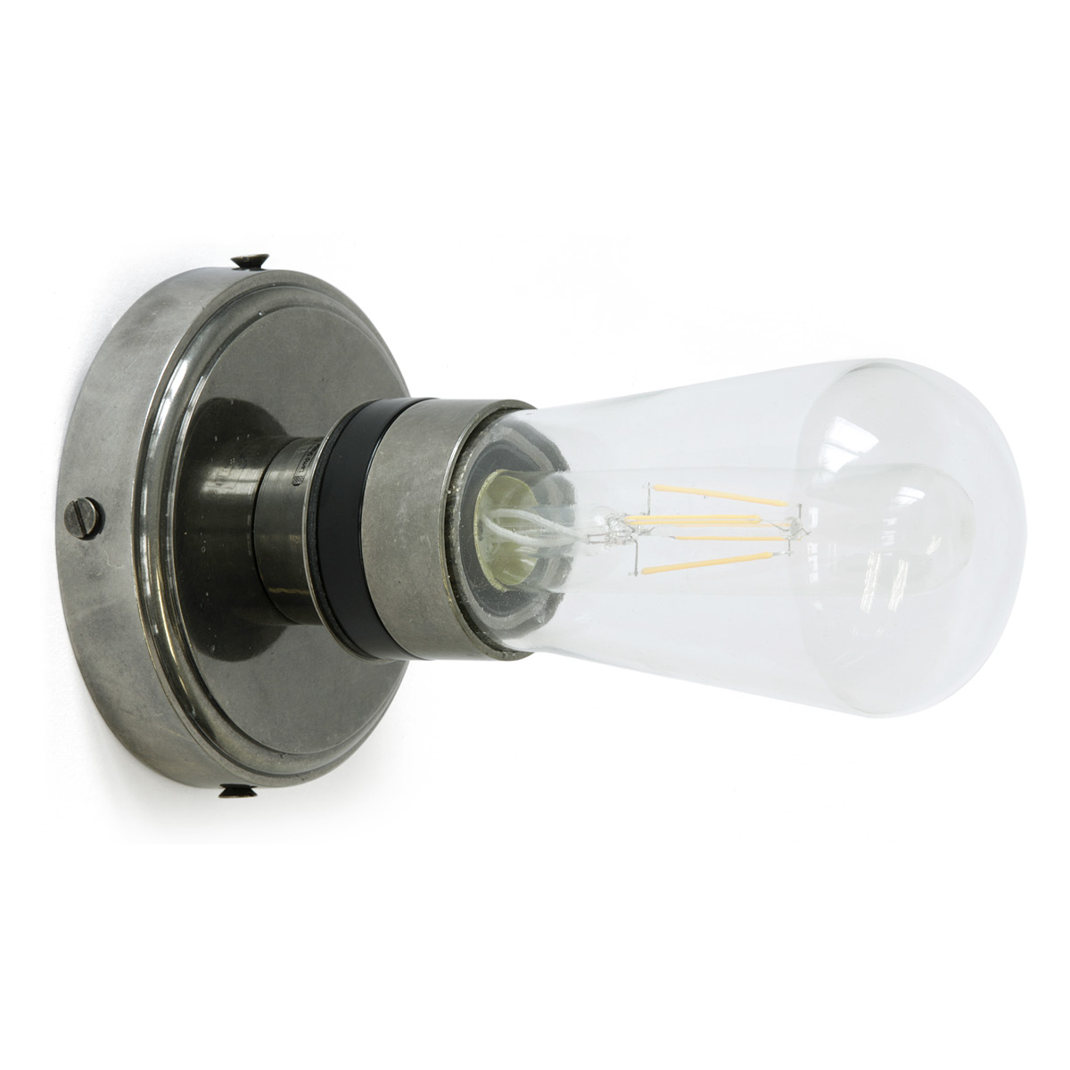 Einfache Badezimmer-Wandlampe mit Glaskolben, IP65: Oder eher rustikal-antik in Alt-silbern patiniert: Bad-Wandlampe mit Glaskolben