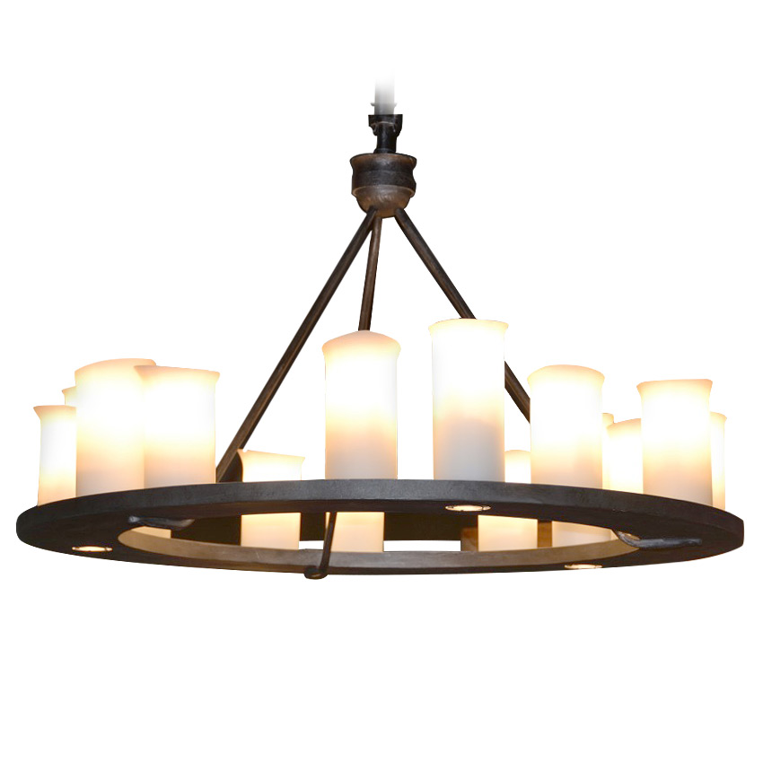 Wrought iron chandelier with glass candles + downlights in two sizes