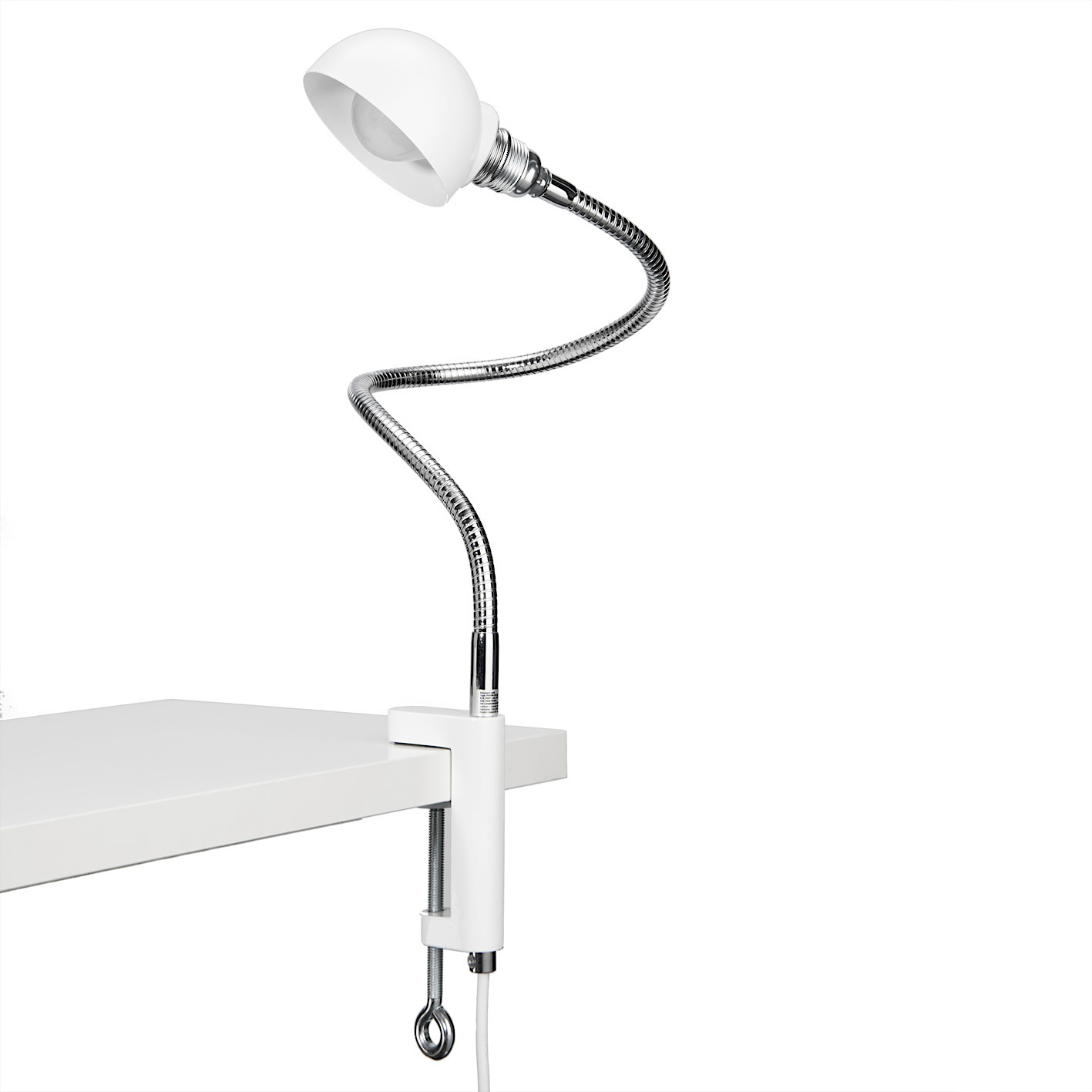 Flexible Klemmleuchte EISENBEIN mit Halbkugel-Reflektor, verchromt/weiß Flexible Klemmleuchte EISENBEIN mit Halbkugel-Reflektor, verchromt/weiß