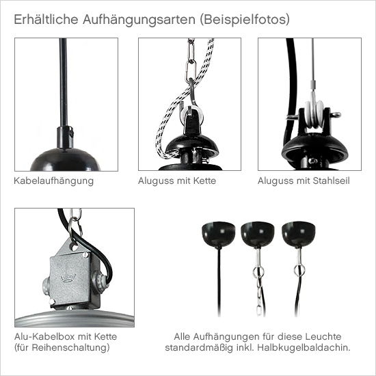 Bild 4: Die erhältlichen Aufhängungsarten BRUCHSAL Hängeleuchte mit Kugelglas: Die erhältlichen Aufhängungsarten