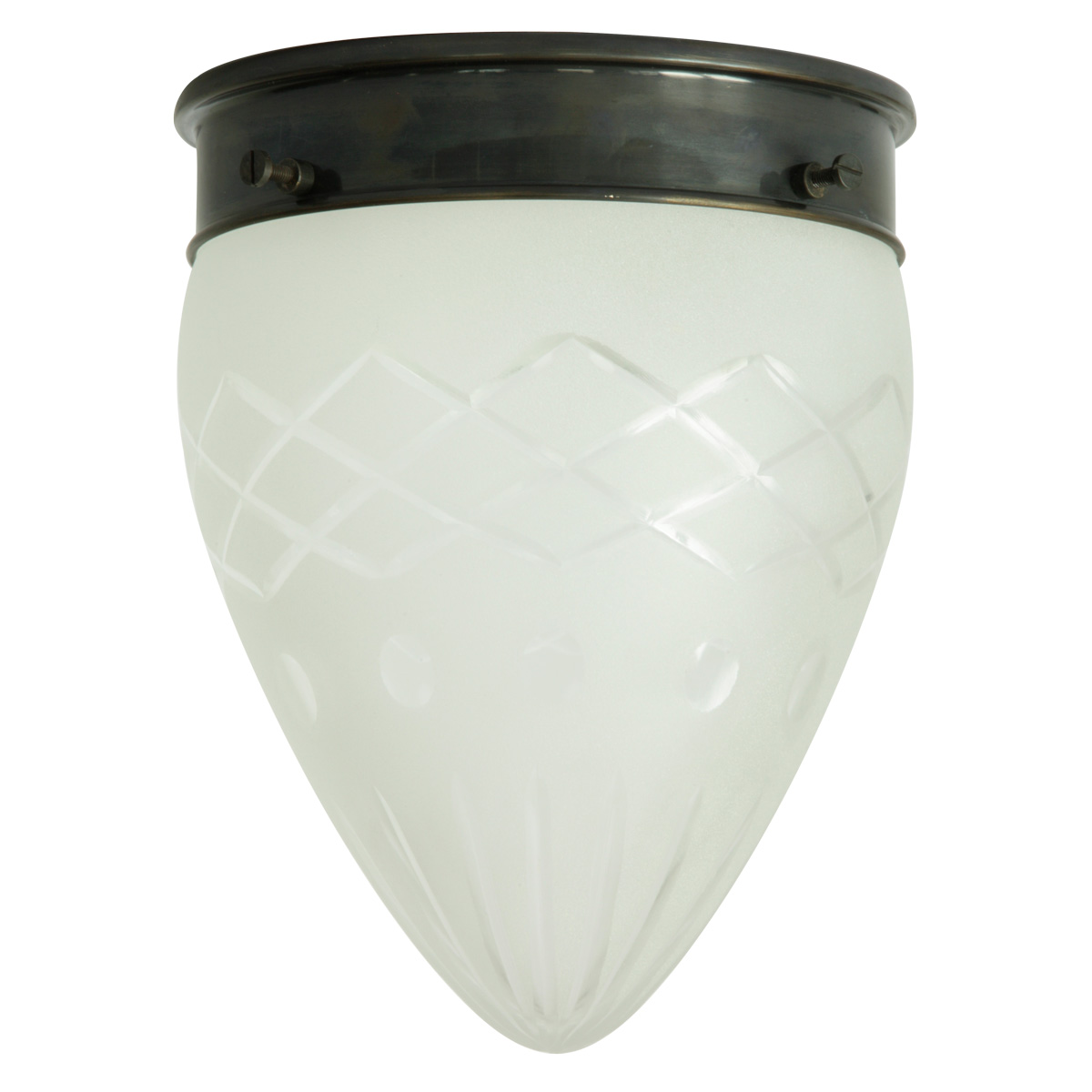 Deckenlampe mit mehrfach geschliffenem Spitzglas Ø 16 cm: Spitze Deckenleuchte, abgebildet mit Deckenteil in Messing dunkel patiniert (brüniert)