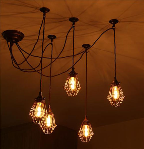 Group of 5 simple caged pendant lights in industrial style