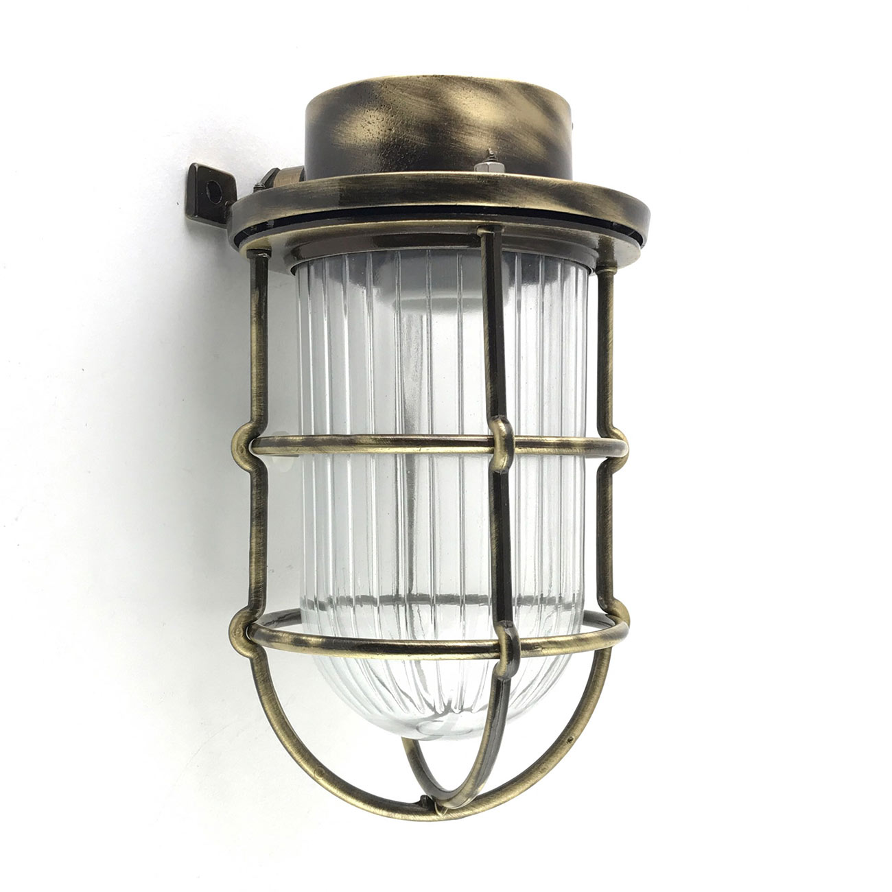 Vergitterte Schiffs-Wandlampe (Kellerleuchte) mit Glas-Zylinder, IP64: Alt-Messing