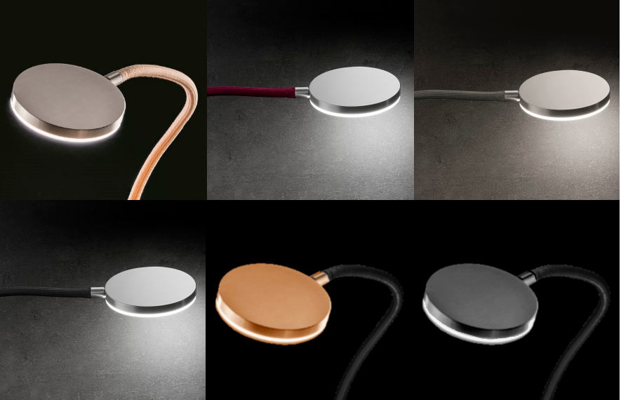 Bild 2: Farbkombinationen (von links oben): sandfarben, rot, grau, Alu matt & schwarz, Messing & schwarz, Platin & schwarz Wandleuchte FLEX W mit Flexarm, High End-LED und Drehdimmer: Farbkombinationen (von links oben): sandfarben, rot, grau, Alu matt & schwarz, Messing & schwarz, Platin & schwarz