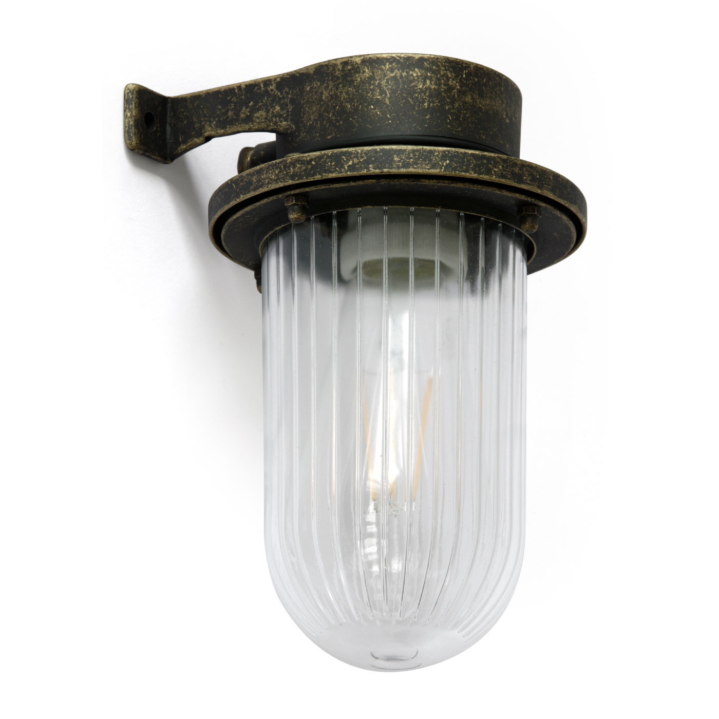 Messingguss-Schiffslampe mit gerilltem Glas-Zylinder, IP64: Kellerlampe im Stil einer Schiffsleuchte mit Glaszylinder, hier in „Messing matt patiniert“