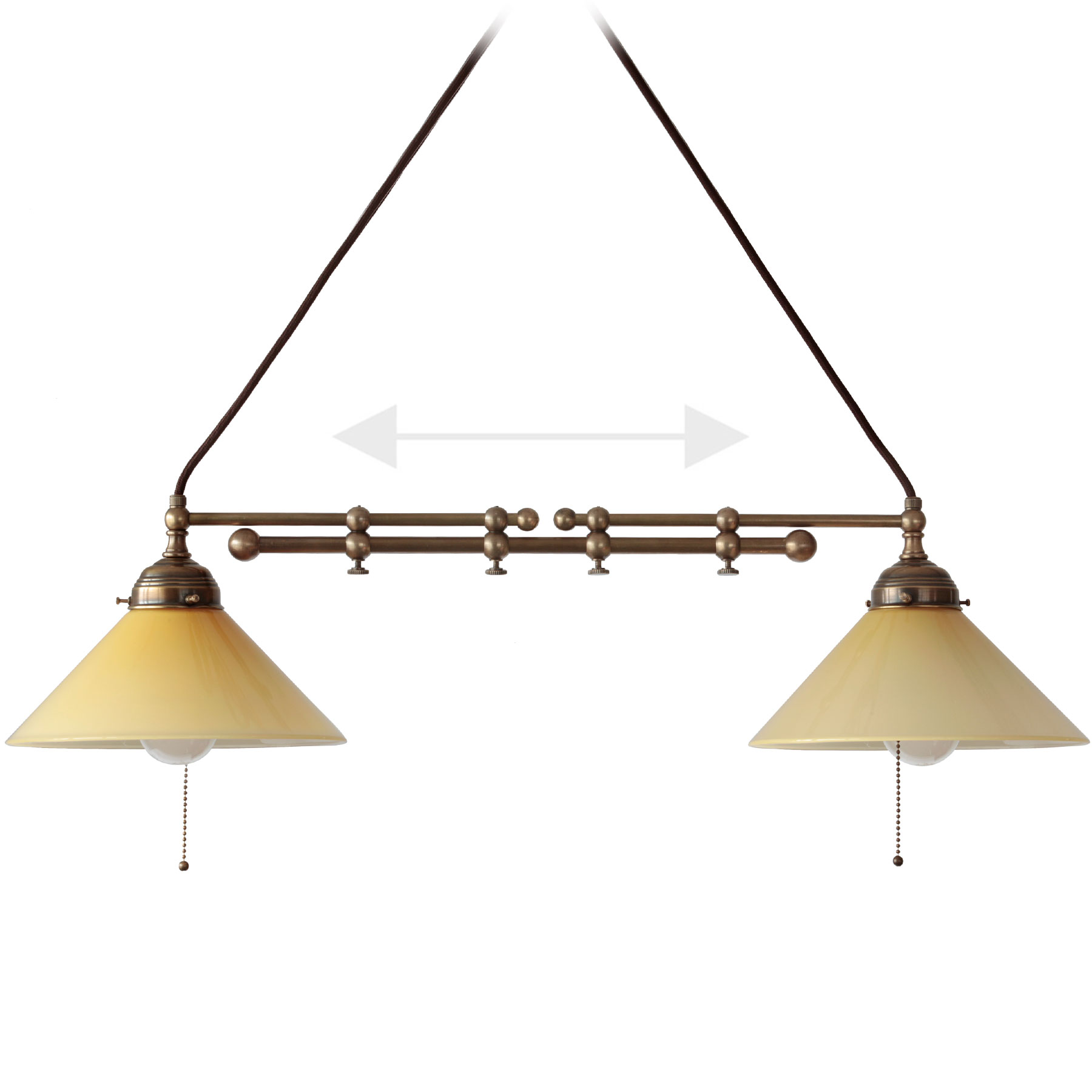 Trapez-Hängeleuchte aus Messing, einstellbare Breite, Kegel-Glasschirme Trapez-Hängeleuchte aus Messing, einstellbare Breite, Kegel-Glasschirme