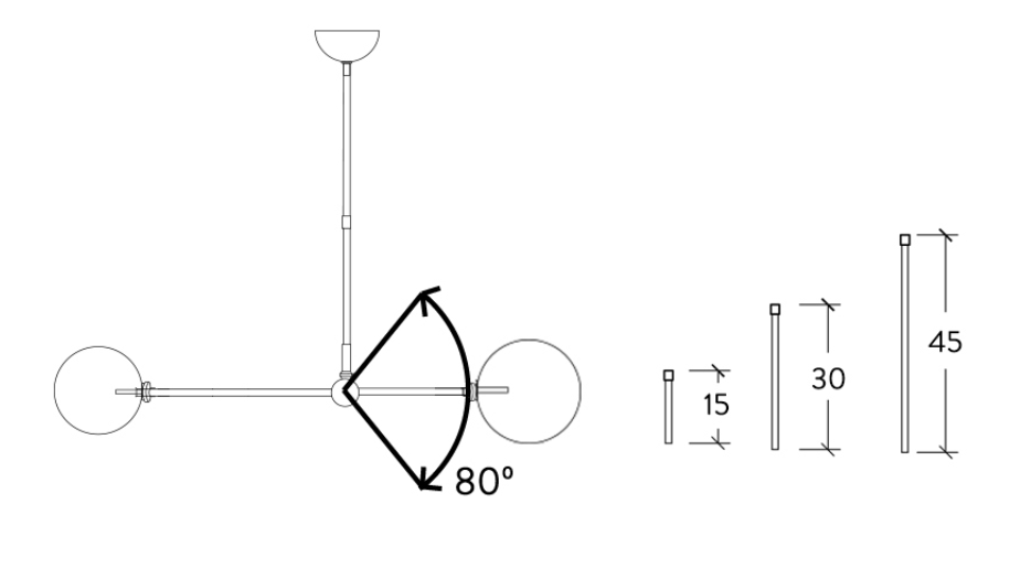 Doppel-Pendelleuchte BALANCE mit Glaskugeln in zwei Größen Ø 20+15 cm: Die Querstange ist um 80 Grad schwenkbar.