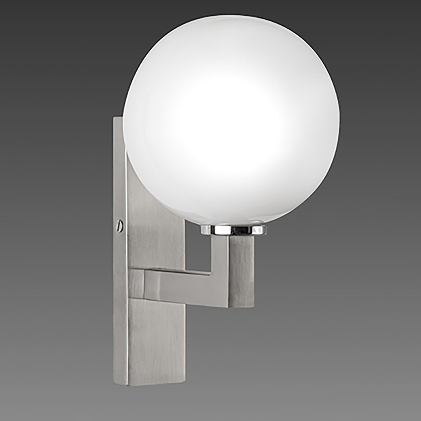 Small IP44 Wall Light with Opal Glass Globe, e.g. for Bathrooms ALV33: Das Modell in Nickel matt satiniert.
