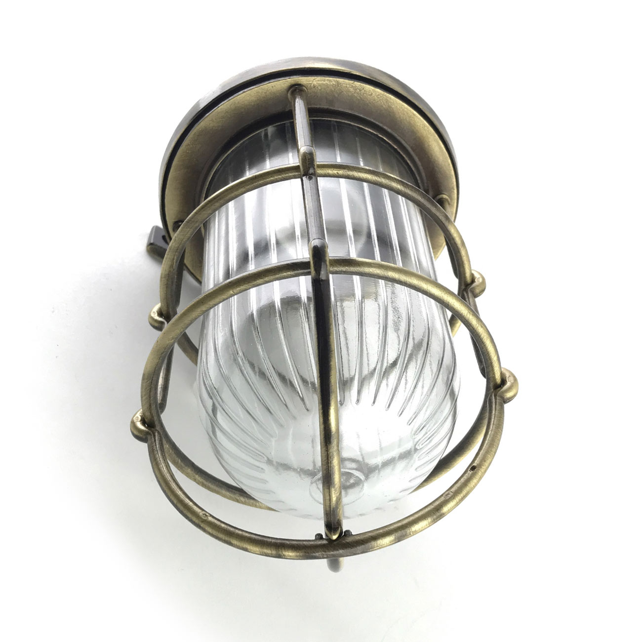 Vergitterte Schiffs-Wandlampe (Kellerleuchte) mit Glas-Zylinder, IP64: Alt-Messing