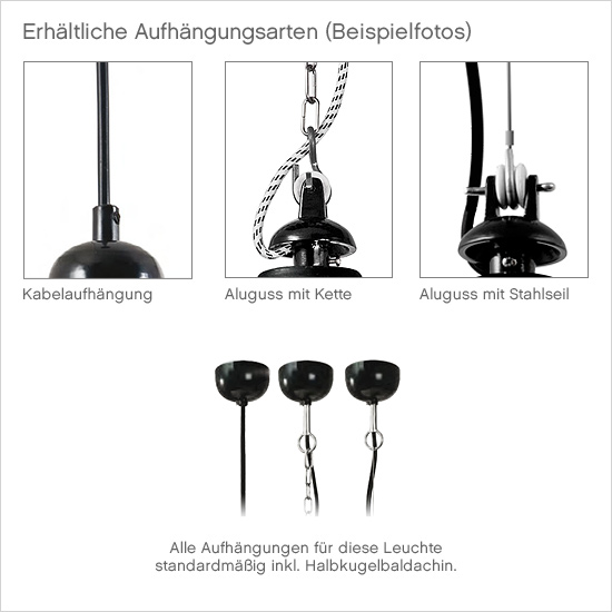 Bild 3: Die erhältlichen Aufhängungsarten BINGEN Blech-Hängeleuchte weiß mit Tellerschirm: Die erhältlichen Aufhängungsarten