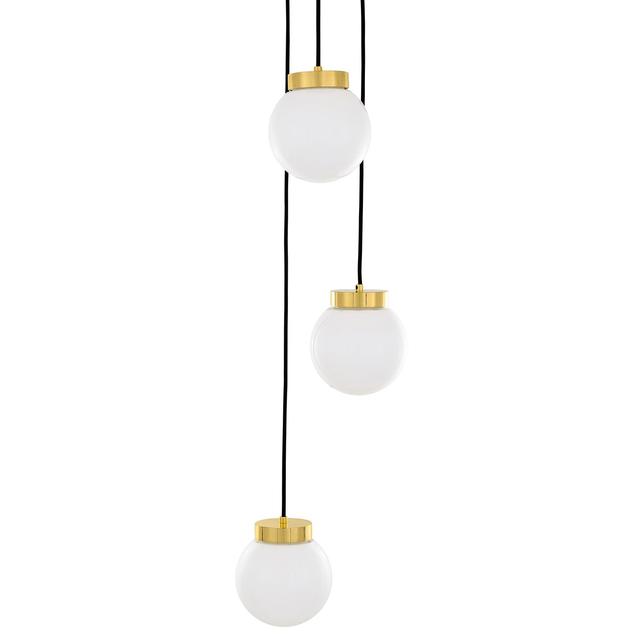 Bild 1: Gruppe mit drei modernen Glaskugel-Hängeleuchte (hier Messing poliert, mit opal-weißem Glas) Gruppe aus drei Glaskugel-Hängeleuchten à Ø 15 cm: Gruppe mit drei modernen Glaskugel-Hängeleuchte (hier Messing poliert, mit opal-weißem Glas)