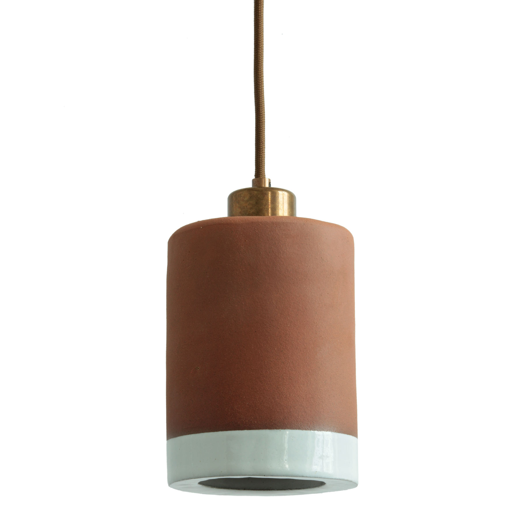 Kleine Terracotta-Hängeleuchte mit weiß glasiertem Rand