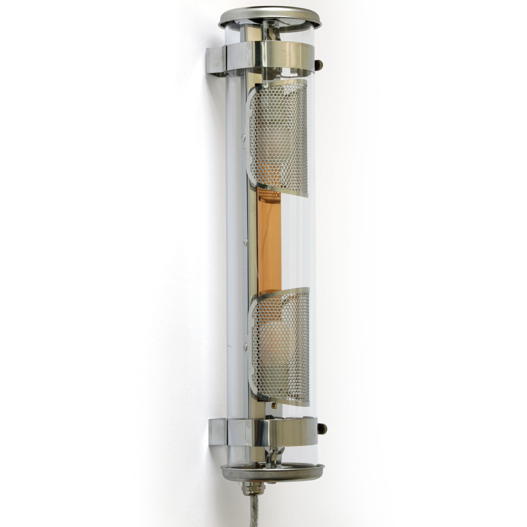 Universell einsetzbare Glasröhren-Leuchte MUSSET mit IP68: Die Glasröhren-Leuchte MUSSET mit Reflektor in Kupfer, mit Gewebe-Abschirmung